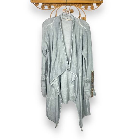 Soft Surroundings Cadence Thermal Cardigan Top Embroidered Cuff Gray Waffle L - Picture 2 of 8